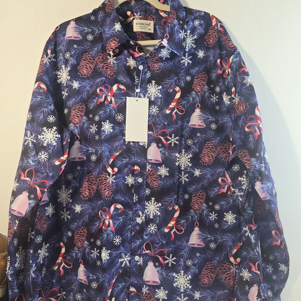 Fohemr Men's 2X XXL Christmas Button Down Shirt 85% Polyester & 15% Spandex New